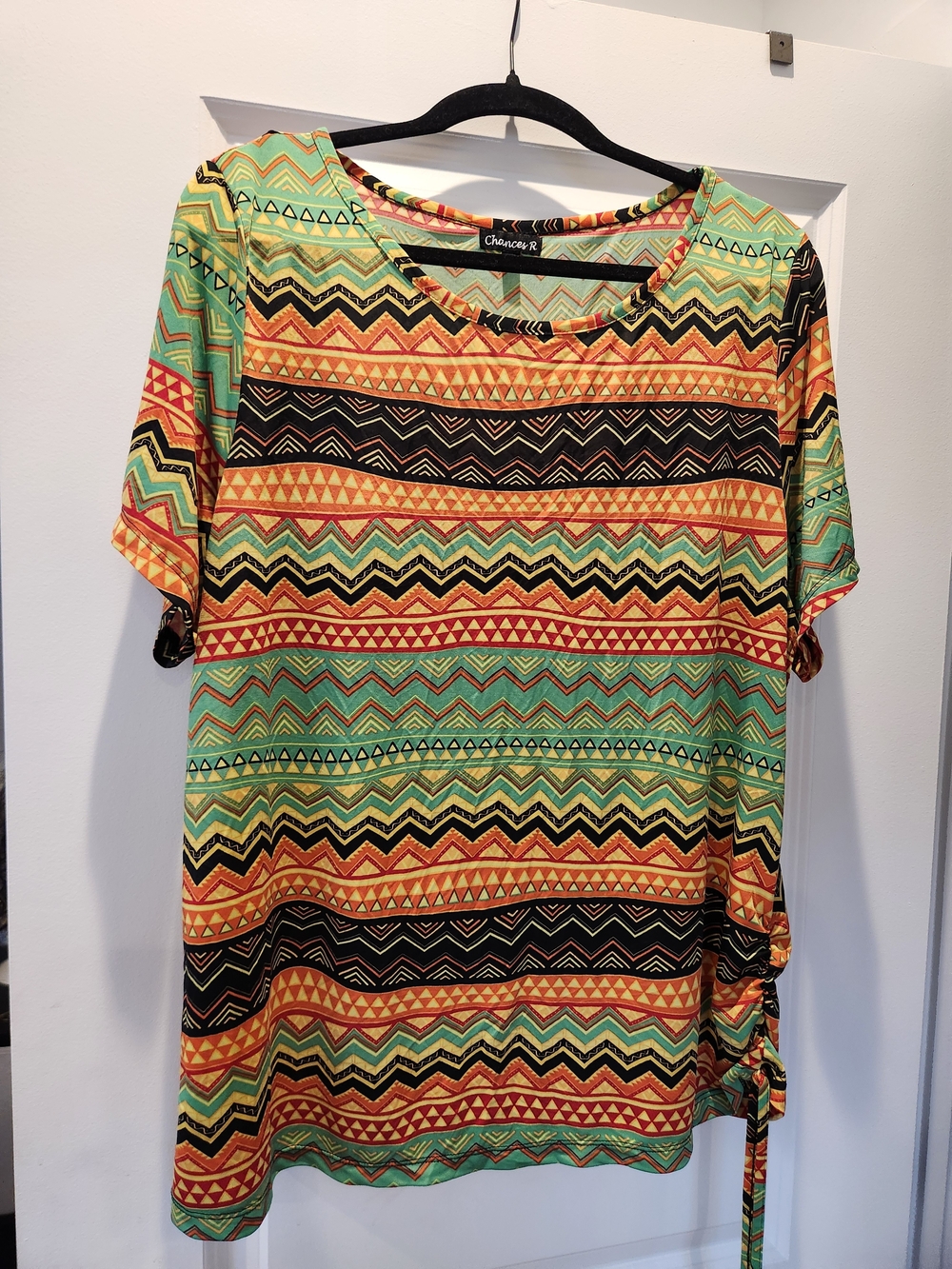 Aztec-Print Short Sleeve Top in Green/Yellow/Black